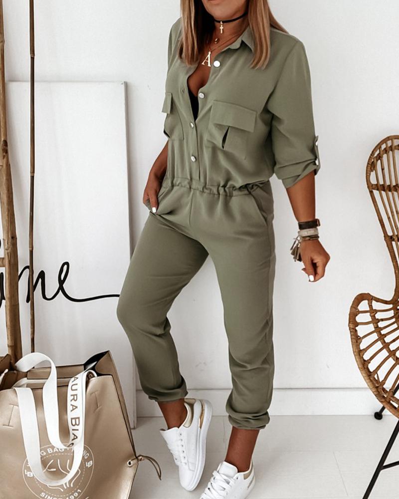 Women's Utility Jumpsuit with Pockets and Elastic Waist - Modern Casual Style
