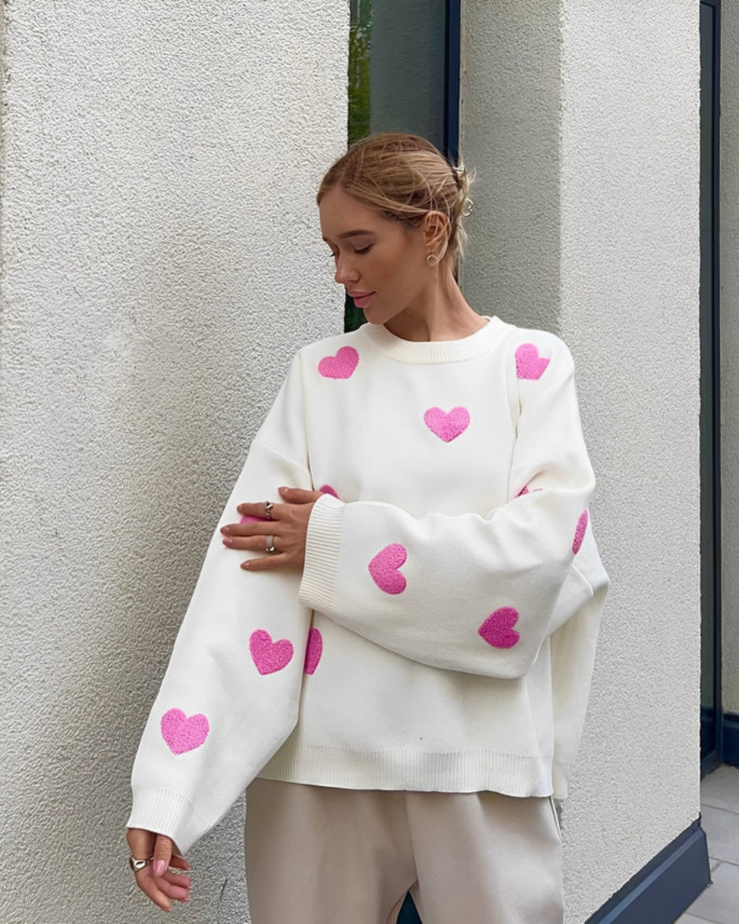 Women's Oversized Heart Pattern Lounge Sweater – Cozy Relaxed Fit Casual Pullover