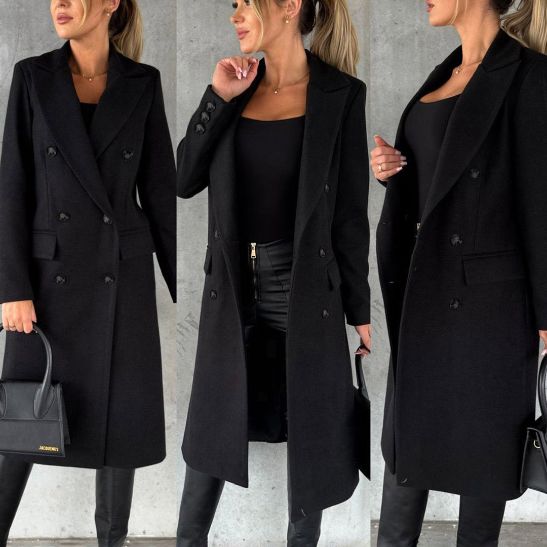 Women's Elegant Double-Breasted Winter Coat – Classic Long Tailored Overcoat for Office & Everyday Style