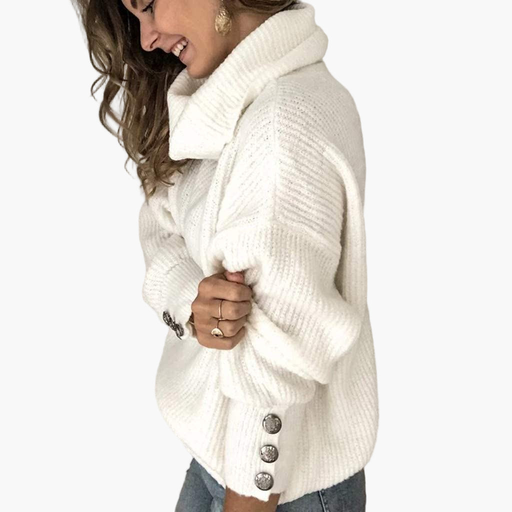 Women's Turtleneck Sweater with Button Sleeve Detail – Relaxed Fit, Casual Chic