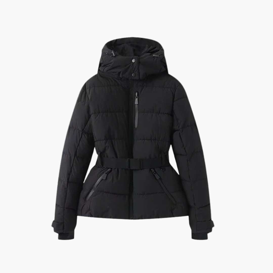 Women's Stylish Belted Puffer Jacket with Hood – Winter Fashion Outerwear