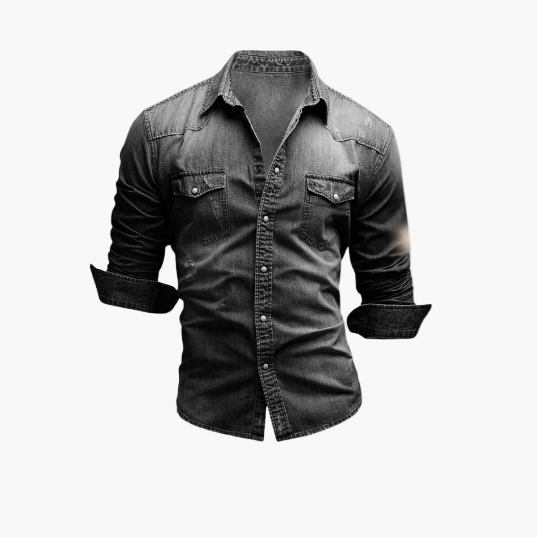 Men's Western-Style Denim Shirt Classic Snap Button Casual Fashion