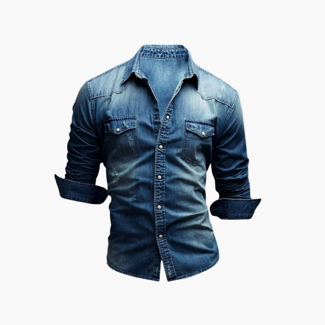 Men's Western-Style Denim Shirt Classic Snap Button Casual Fashion