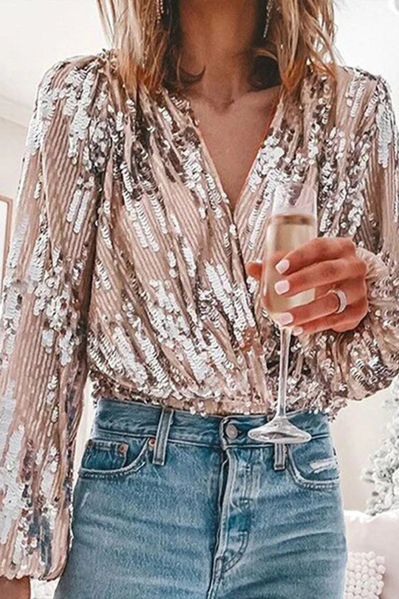 Women's Sequin Wrap Blouse Elegant Party Vintage Style