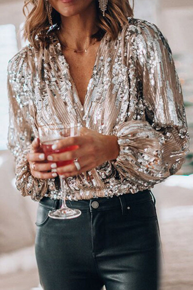 Women's Sequin Wrap Blouse Elegant Party Vintage Style