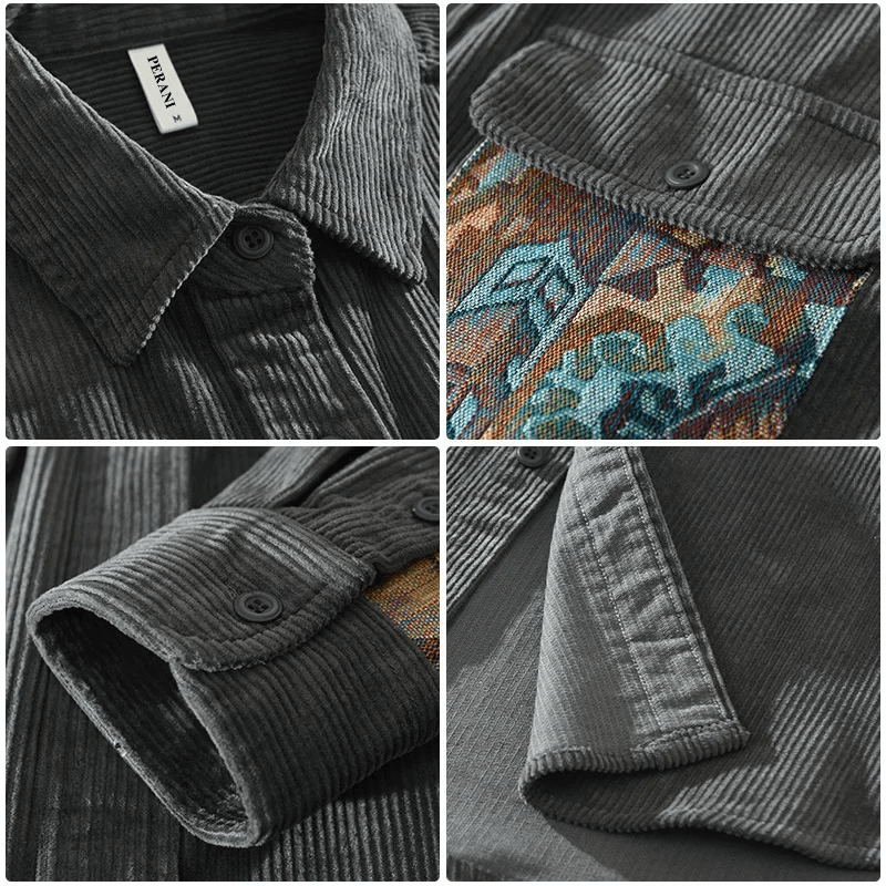 Men's Vintage Casual Overshirt with Patterned Chest Pocket – Urban Relaxed Fit