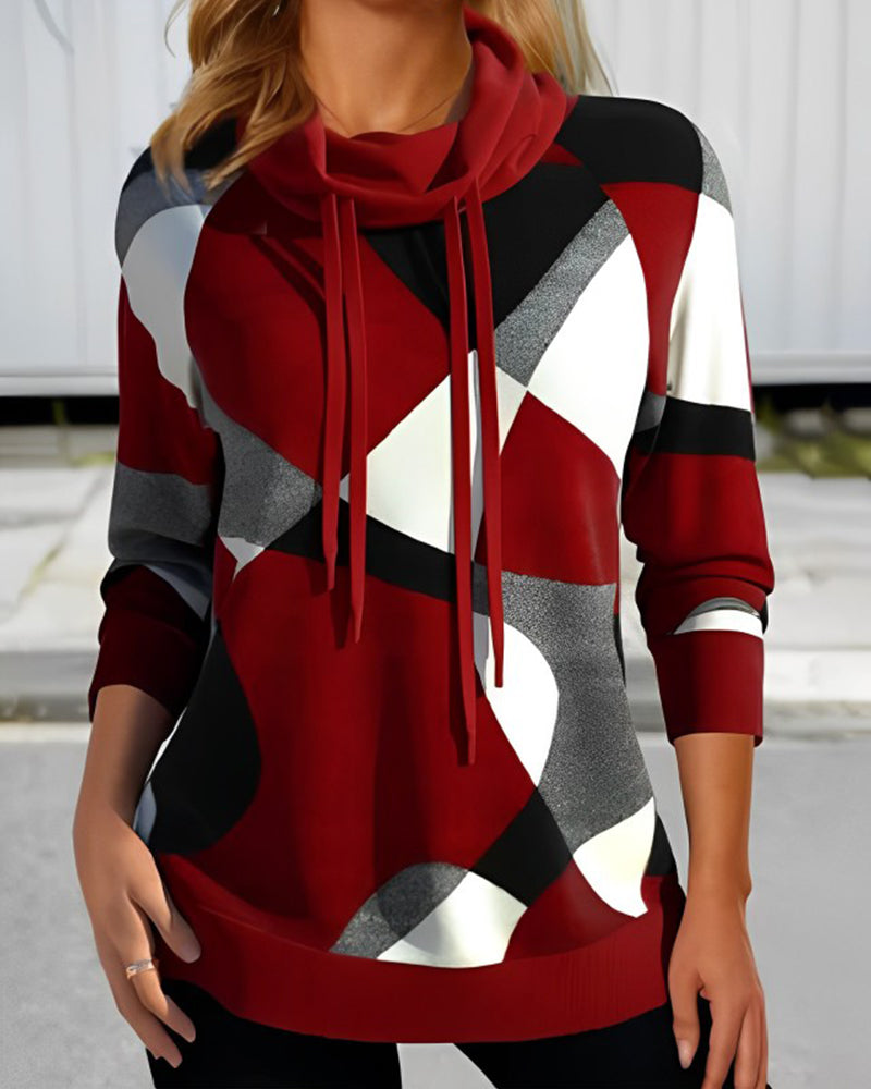 Women's Modern Graphic Print Cowl Neck Pullover Top – Casual Stylish Everyday Wear
