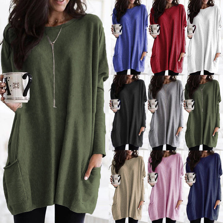 Women's Casual Long Pullover Sweater with Pockets, Relaxed Fit, Cozy Everyday Tunic Top