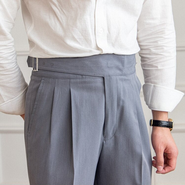 Men's High-Waisted Pleated Formal Trousers with Adjustable Side Buckle - Tailored Business and Occasion Pants