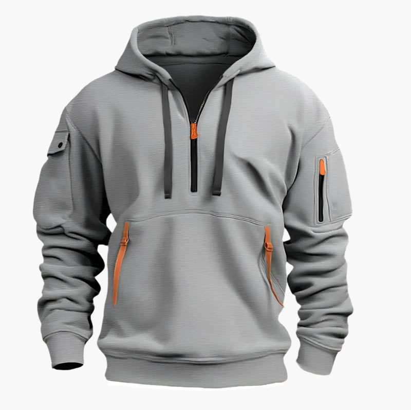 Men's Tactical Zip Hoodie – Urban Casual Sweatshirt with Multiple Pockets and Adjustable Hood