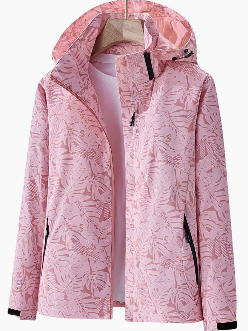 Women's Urban Outdoor Waterproof Windbreaker Jacket – Modern Leaf Print, Hooded, Versatile for City and Adventure