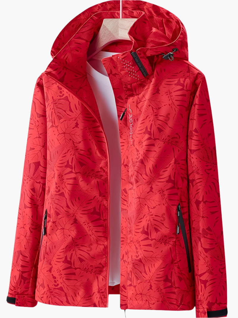 Women's Urban Outdoor Waterproof Windbreaker Jacket – Modern Leaf Print, Hooded, Versatile for City and Adventure