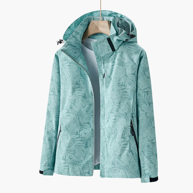 Women's Urban Outdoor Waterproof Windbreaker Jacket – Modern Leaf Print, Hooded, Versatile for City and Adventure