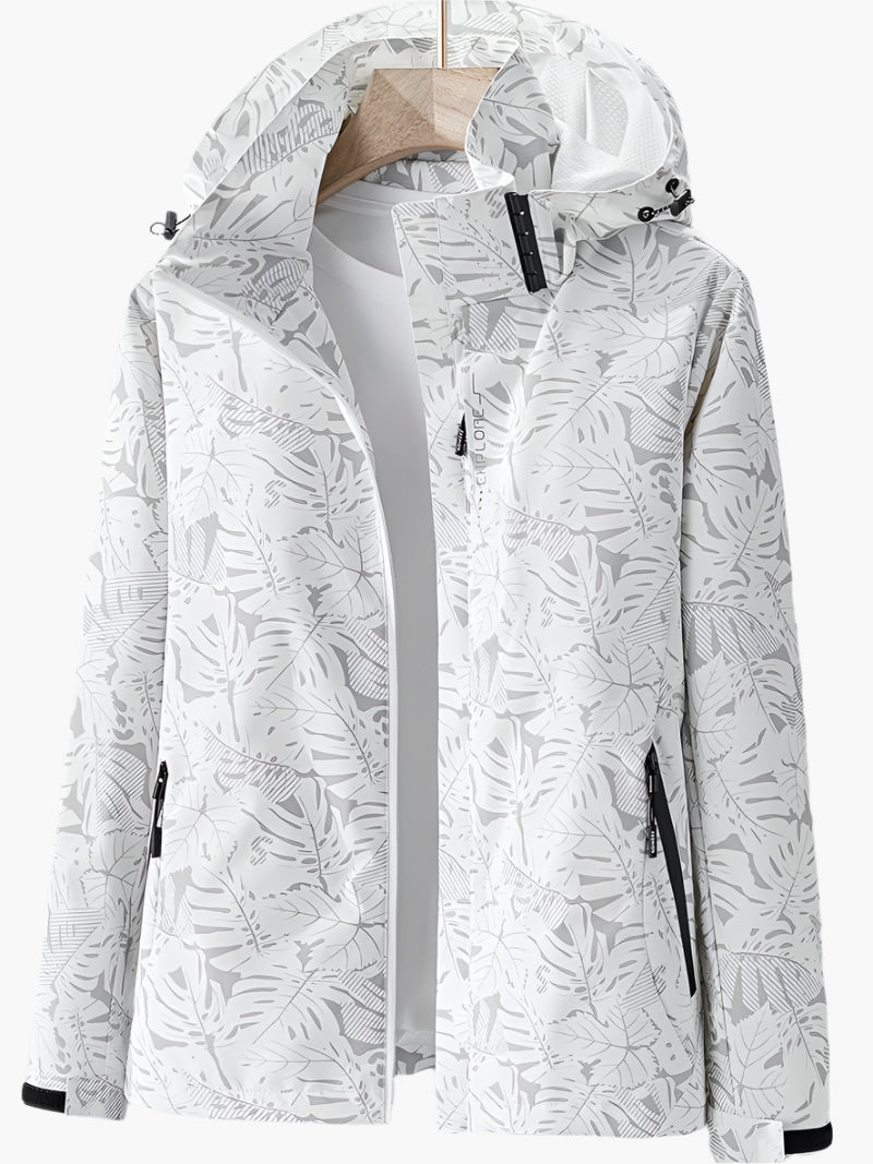Women's Urban Outdoor Waterproof Windbreaker Jacket – Modern Leaf Print, Hooded, Versatile for City and Adventure