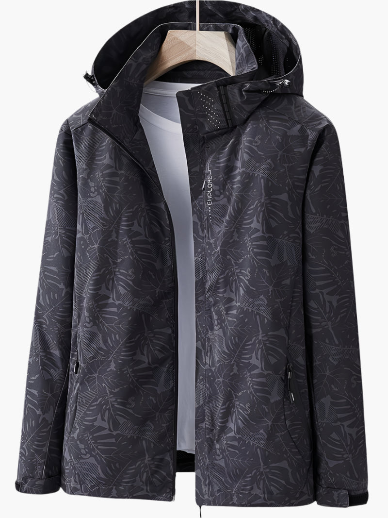 Women's Urban Outdoor Waterproof Windbreaker Jacket – Modern Leaf Print, Hooded, Versatile for City and Adventure