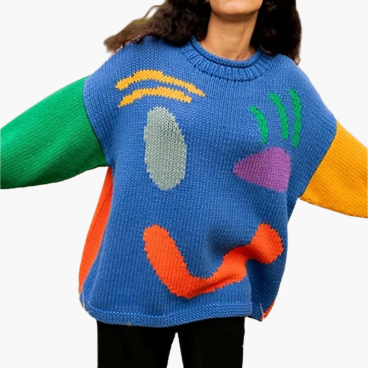 Women's Playful Abstract Face Knit Sweater - Feel-Good Statement Casual Pullover
