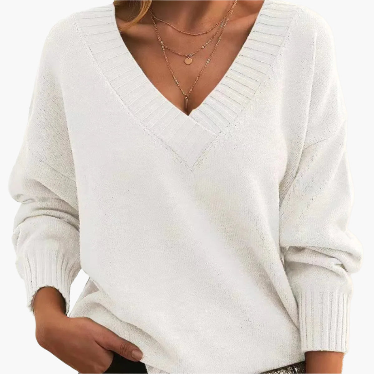 Women's Classic V-Neck Knit Sweater – Relaxed Fit, Long Sleeve, Everyday Style
