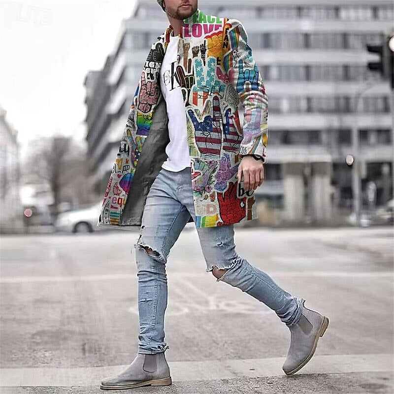 Men's Graphic Street Style Long Coat – Urban Art Print Statement Outerwear