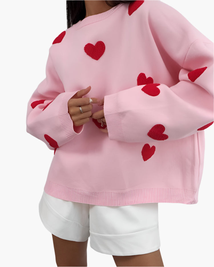 Women's Oversized Heart Pattern Lounge Sweater – Cozy Relaxed Fit Casual Pullover