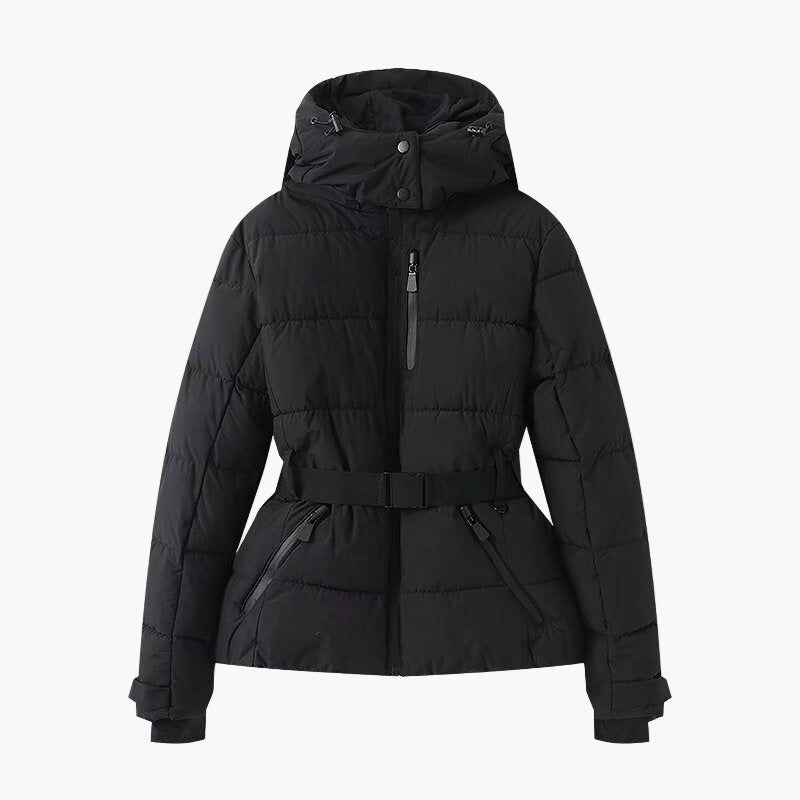 Women's Belted Puffer Jacket with Removable Shoulder Flap – Stylish Winter Outerwear