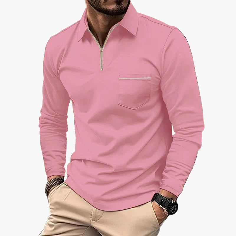 Men's Long Sleeve Polo Shirt with Chest Pocket and Zipper – Classic Modern Business Casual Top
