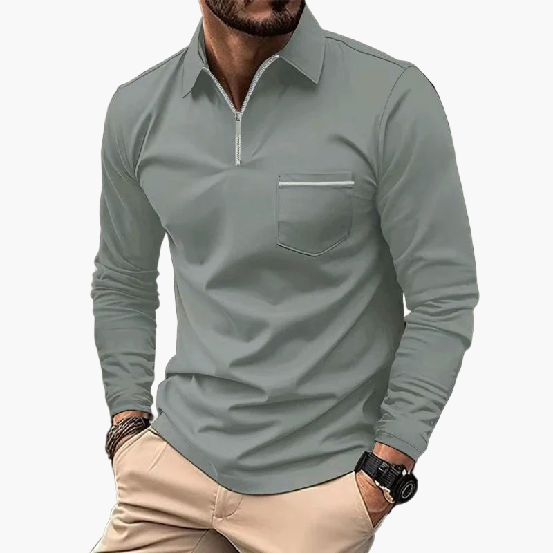 Men's Long Sleeve Polo Shirt with Chest Pocket and Zipper – Classic Modern Business Casual Top