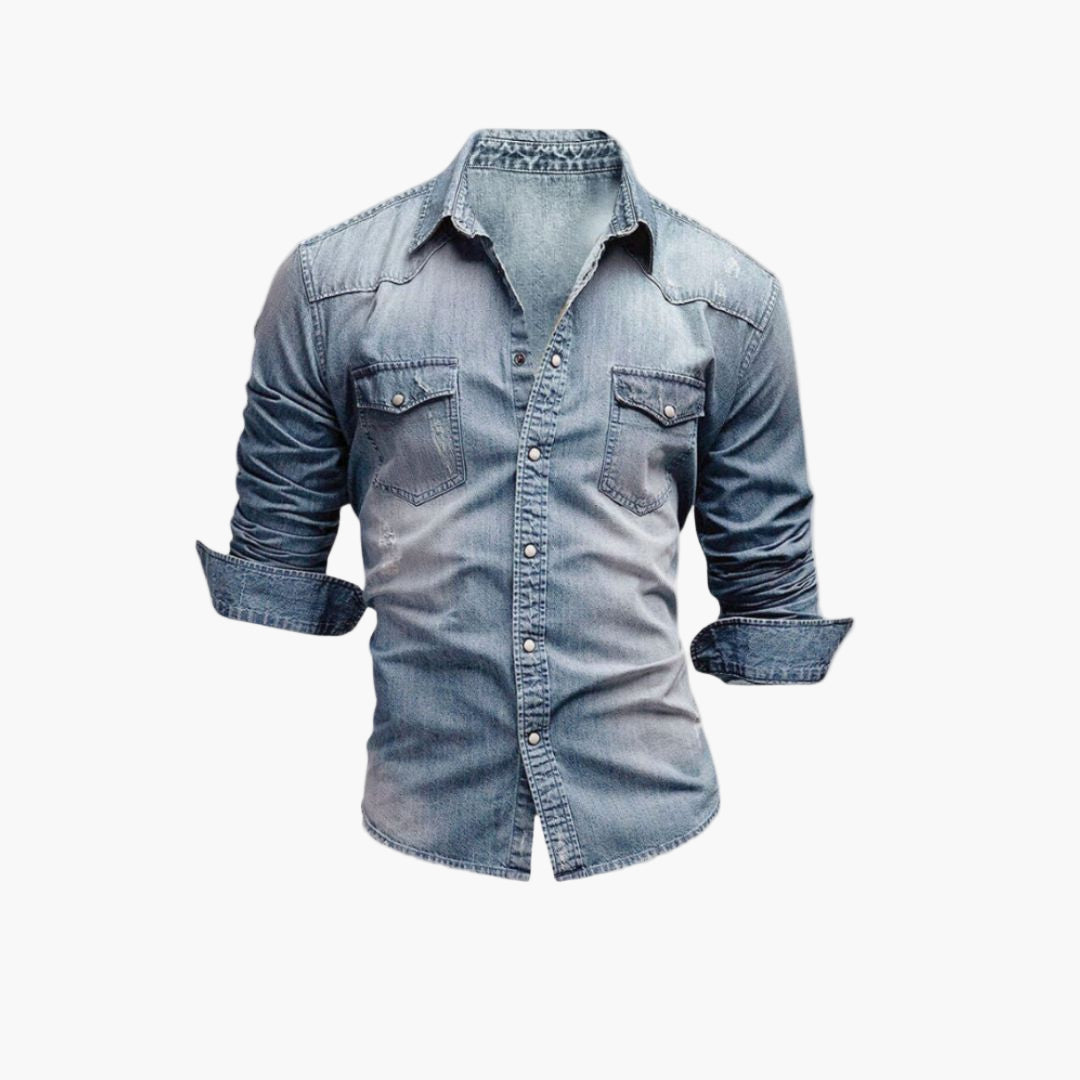 Men's Western-Style Denim Shirt Classic Snap Button Casual Fashion