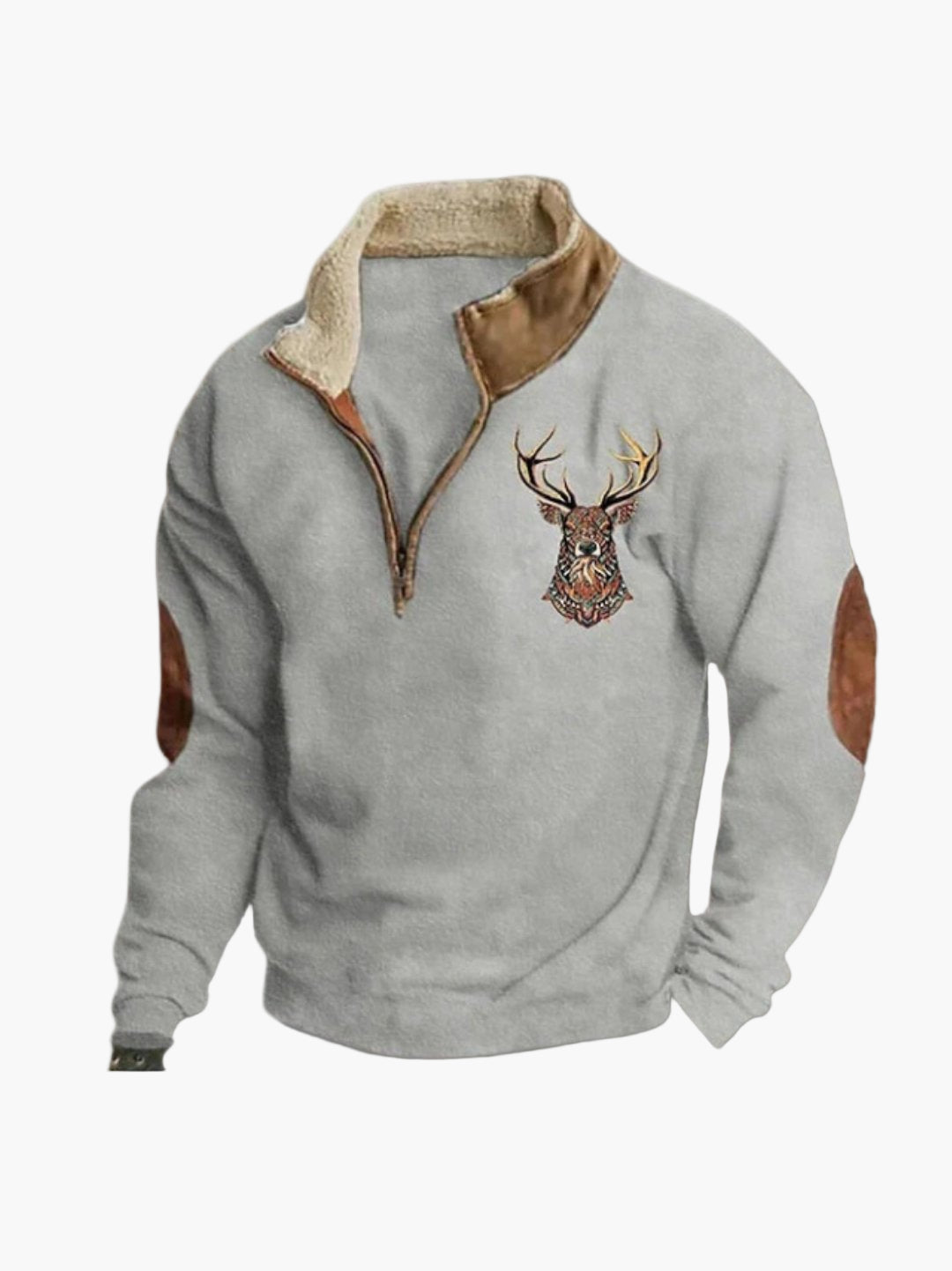 Men's Outdoor Quarter-Zip Pullover with Deer Embroidery and Cozy Lining – Casual Rustic Style