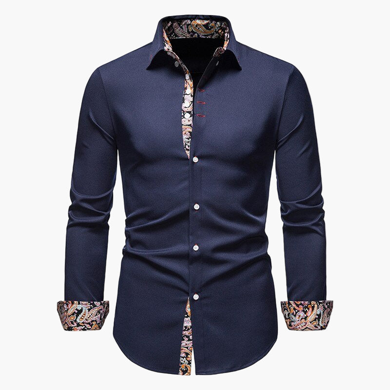 Men's Slim Fit Dress Shirt with Paisley Accent – Modern Elegant Long Sleeve Shirt for Business & Casual