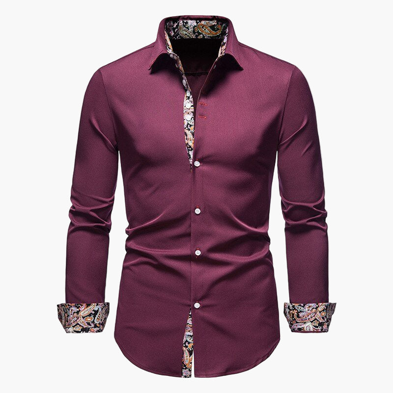 Men's Slim Fit Dress Shirt with Paisley Accent – Modern Elegant Long Sleeve Shirt for Business & Casual
