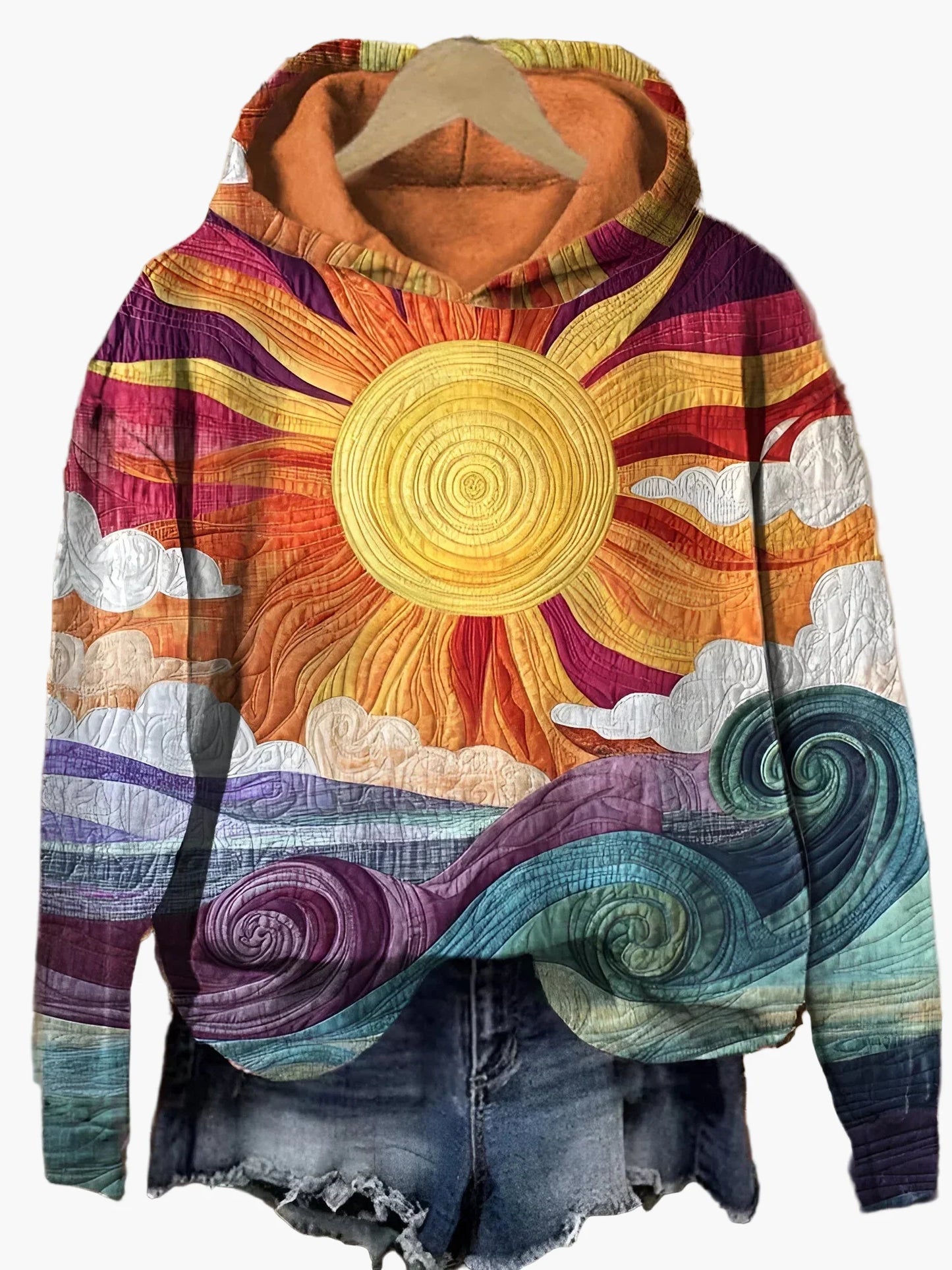 Women's Artistic Sun and Waves Hoodie – Casual Festival Style Pullover
