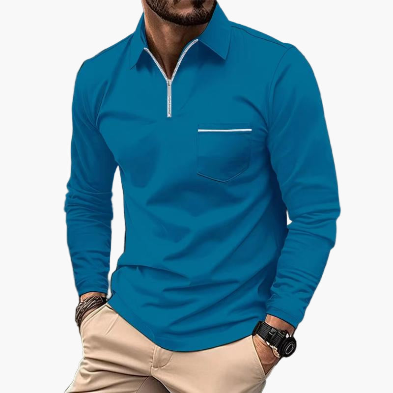 Men's Long Sleeve Polo Shirt with Chest Pocket and Zipper – Classic Modern Business Casual Top