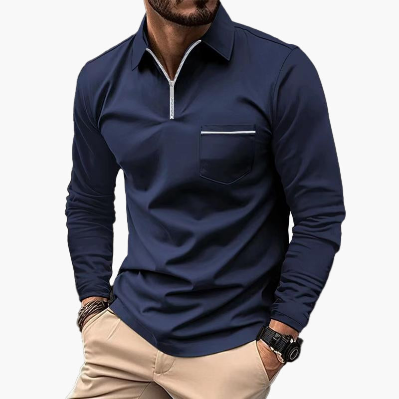Men's Long Sleeve Polo Shirt with Chest Pocket and Zipper – Classic Modern Business Casual Top
