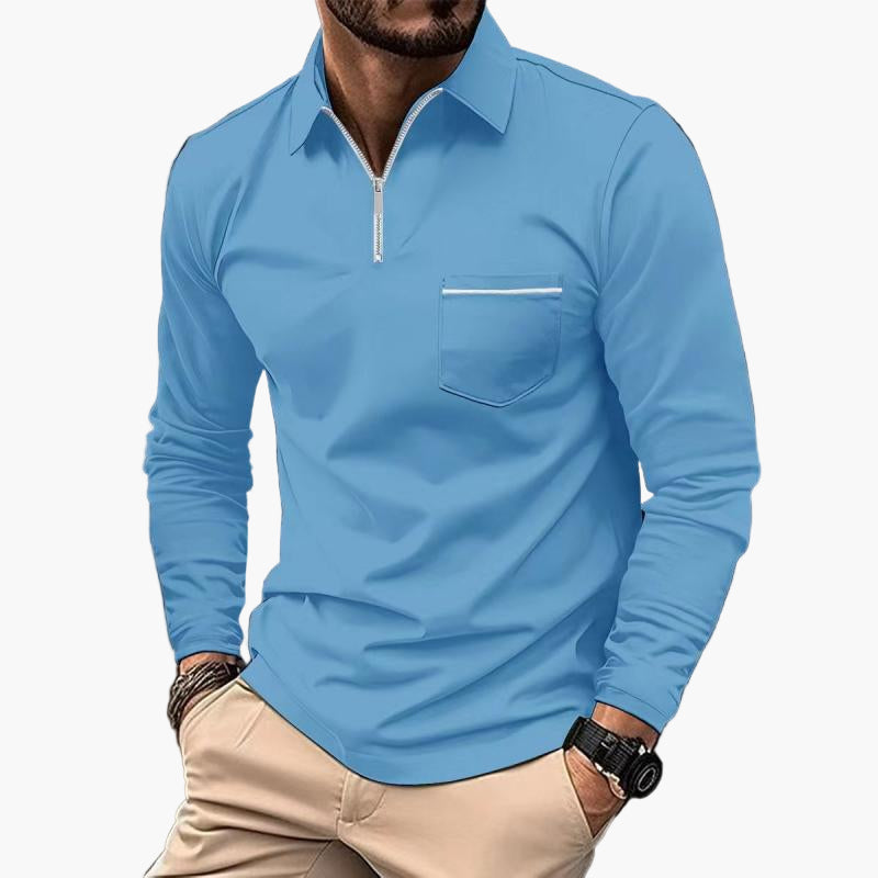 Men's Long Sleeve Polo Shirt with Chest Pocket and Zipper – Classic Modern Business Casual Top