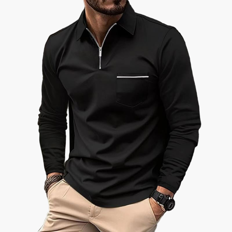 Men's Long Sleeve Polo Shirt with Chest Pocket and Zipper – Classic Modern Business Casual Top
