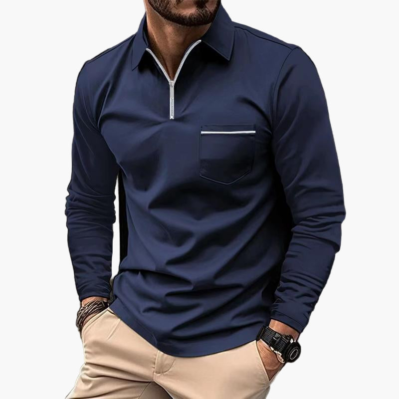 Men's Long Sleeve Polo Shirt with Chest Pocket and Zipper – Classic Modern Business Casual Top