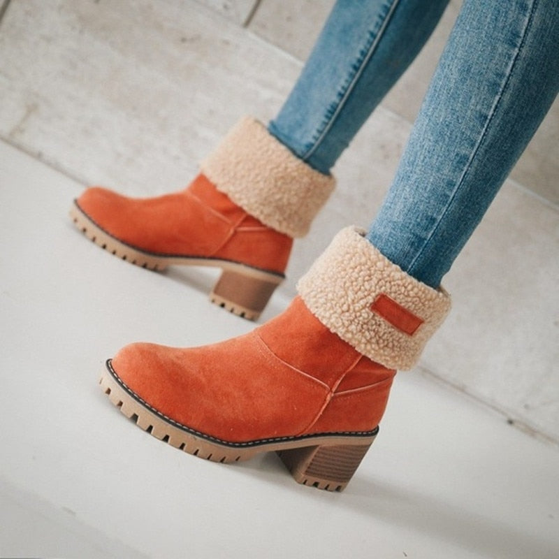 Women's Winter Block Heel Ankle Boots with Fold-Over Cuff – Fashionable and Comfortable Cold Weather Footwear