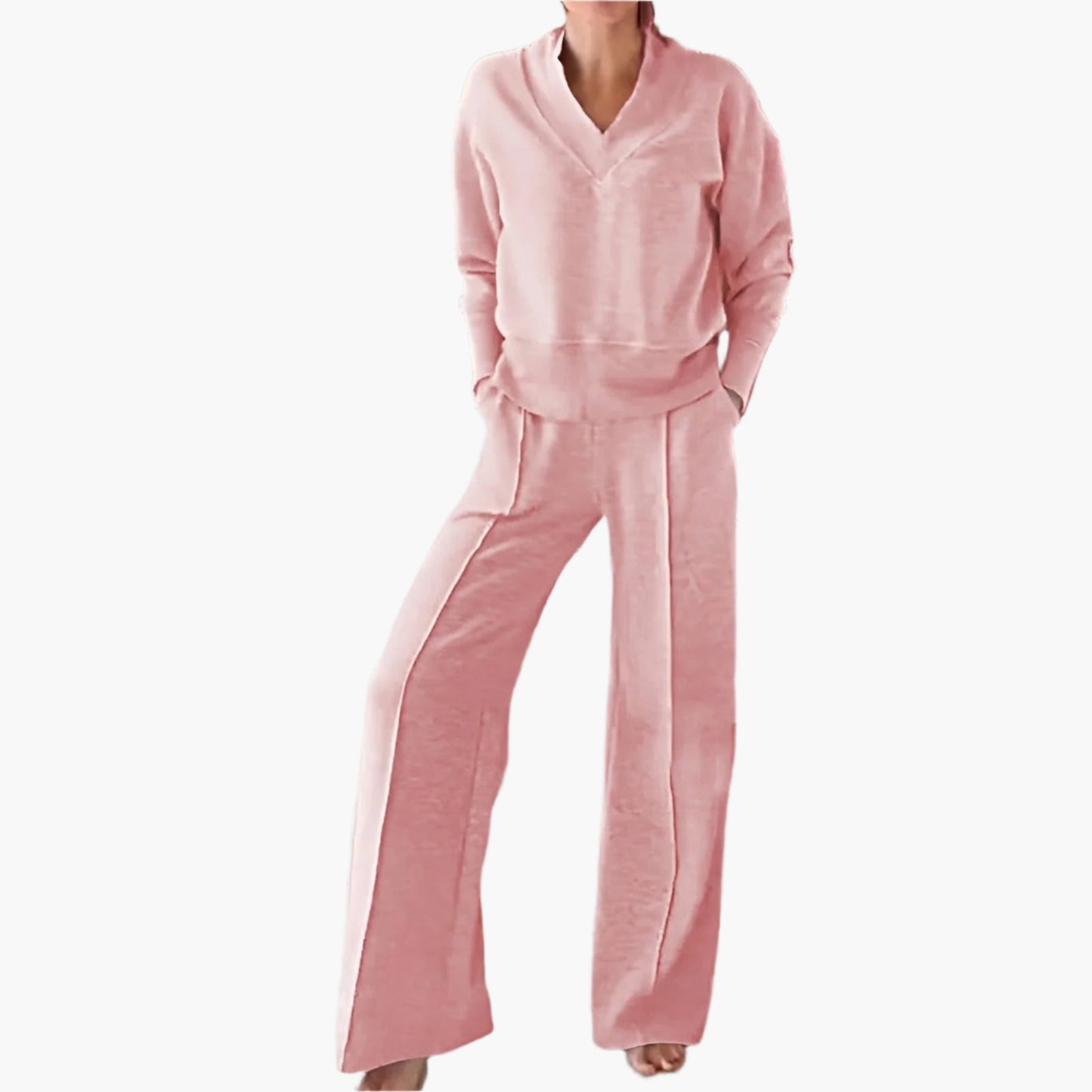 Women's Relaxed Fit Lounge Set V-Neck Top & Wide Leg Pants – Casual Comfort Outfit for Home & Travel