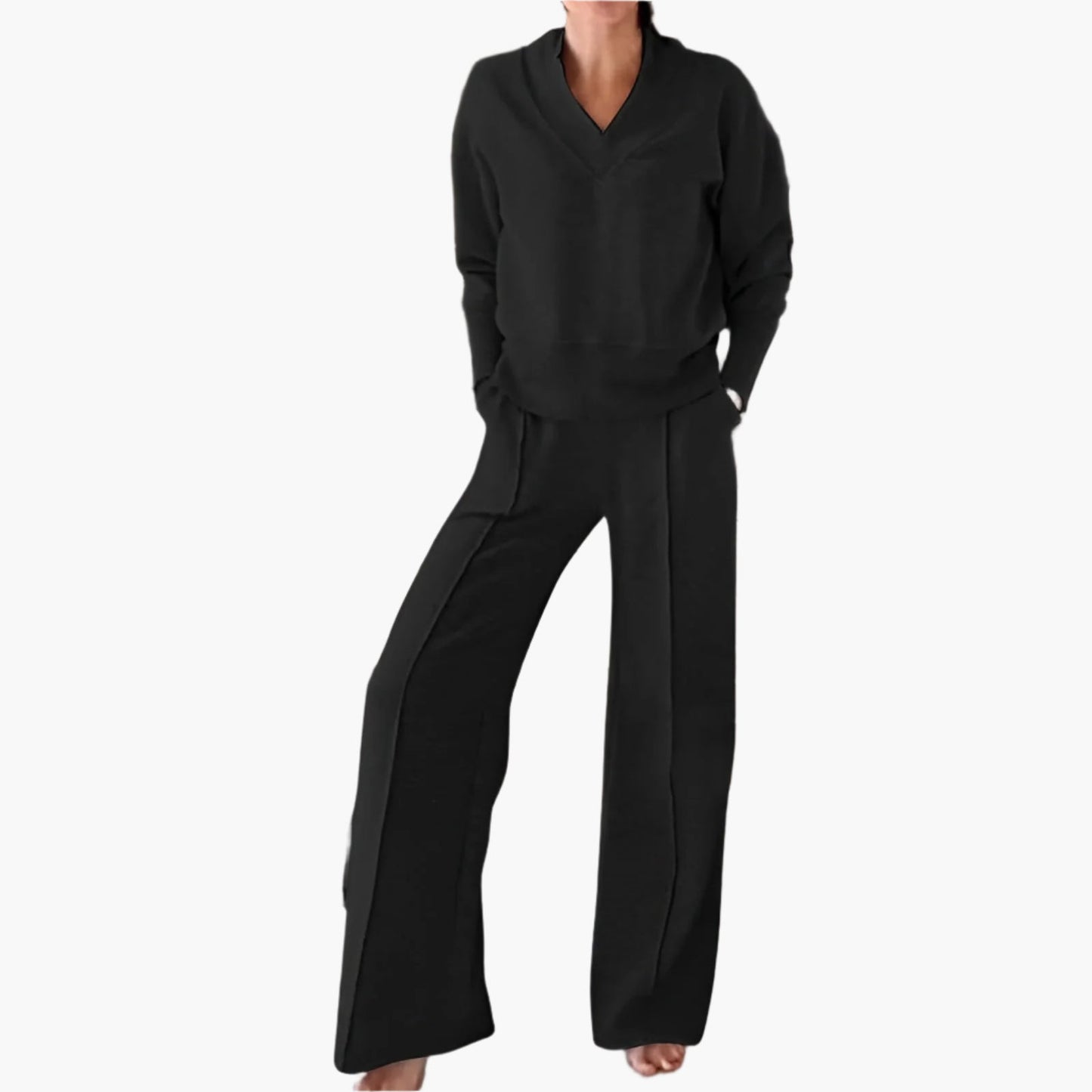 Women's Relaxed Fit Lounge Set V-Neck Top & Wide Leg Pants – Casual Comfort Outfit for Home & Travel