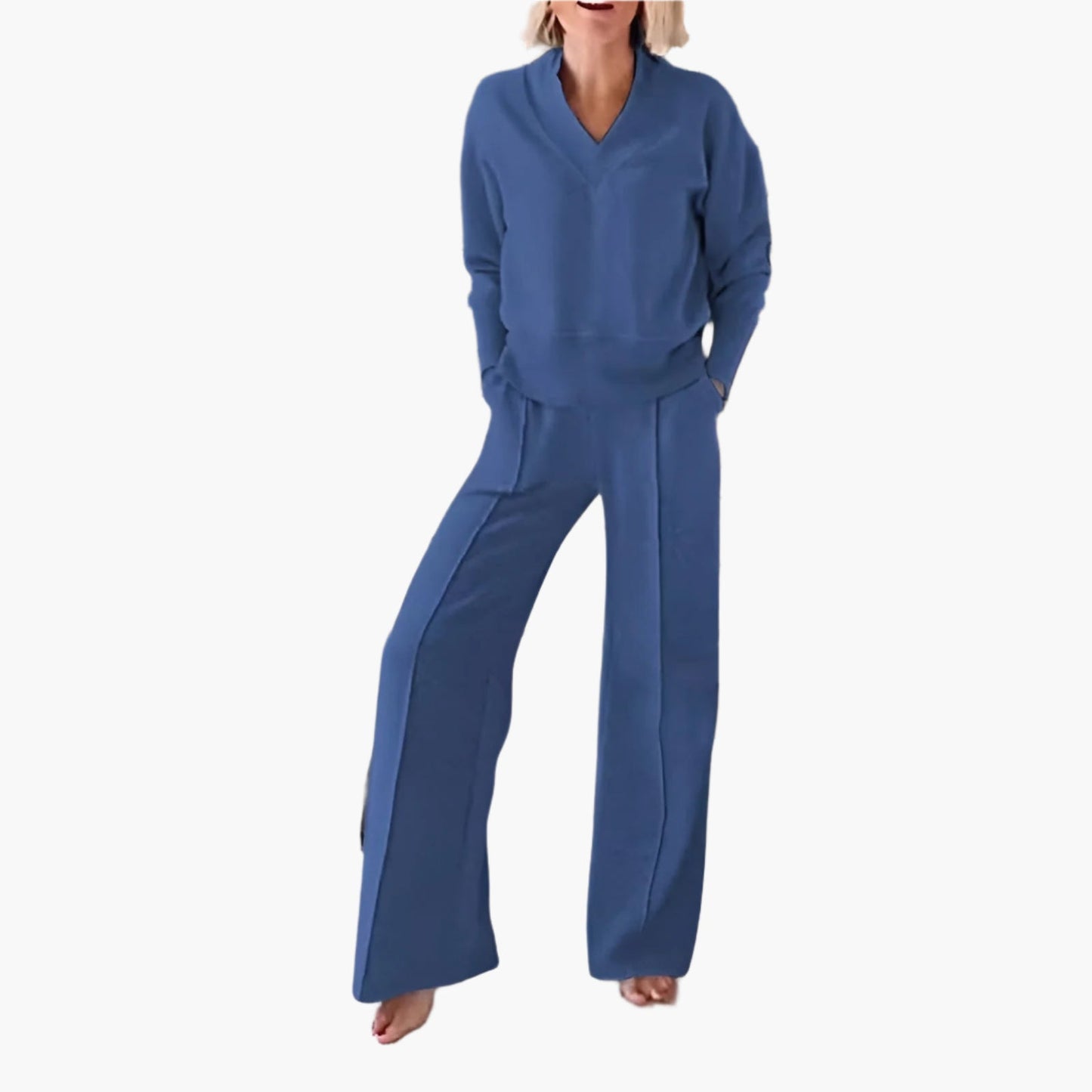 Women's Relaxed Fit Lounge Set V-Neck Top & Wide Leg Pants – Casual Comfort Outfit for Home & Travel