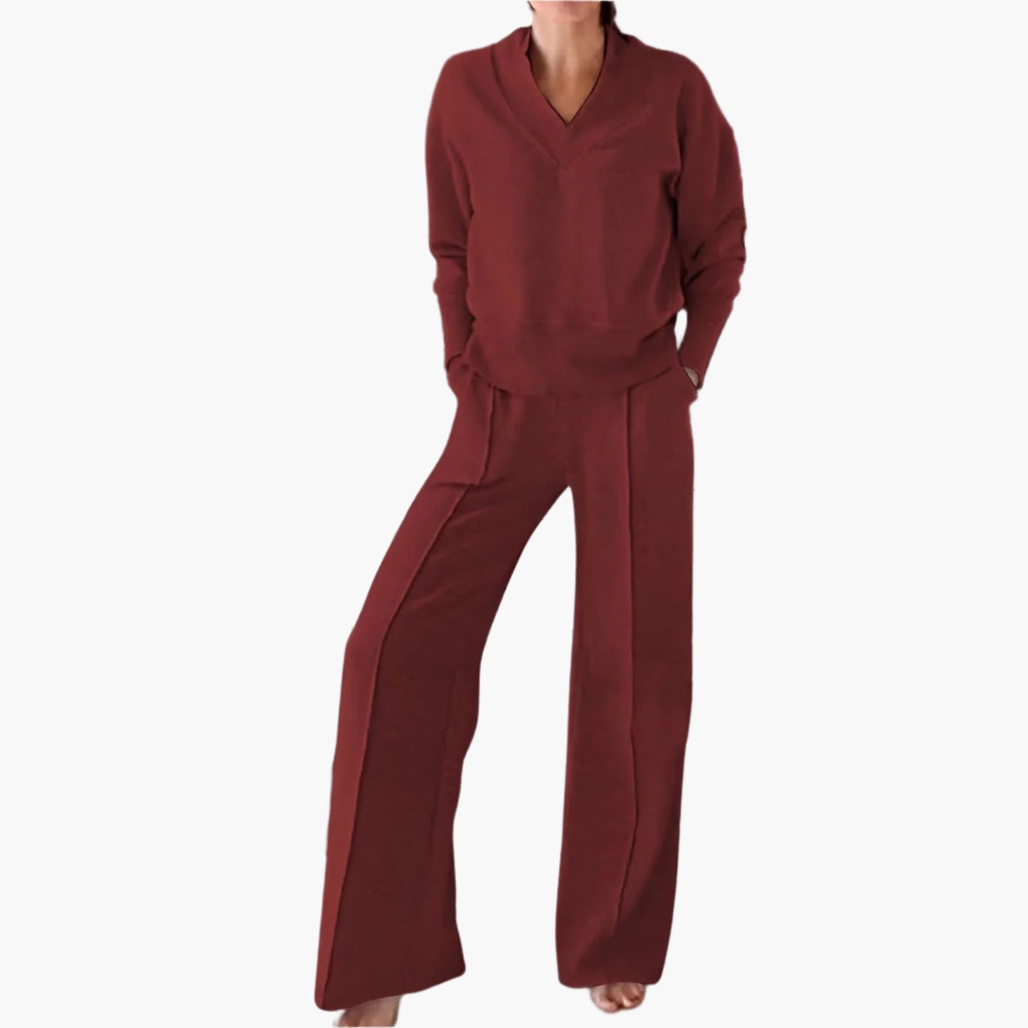 Women's Relaxed Fit Lounge Set V-Neck Top & Wide Leg Pants – Casual Comfort Outfit for Home & Travel
