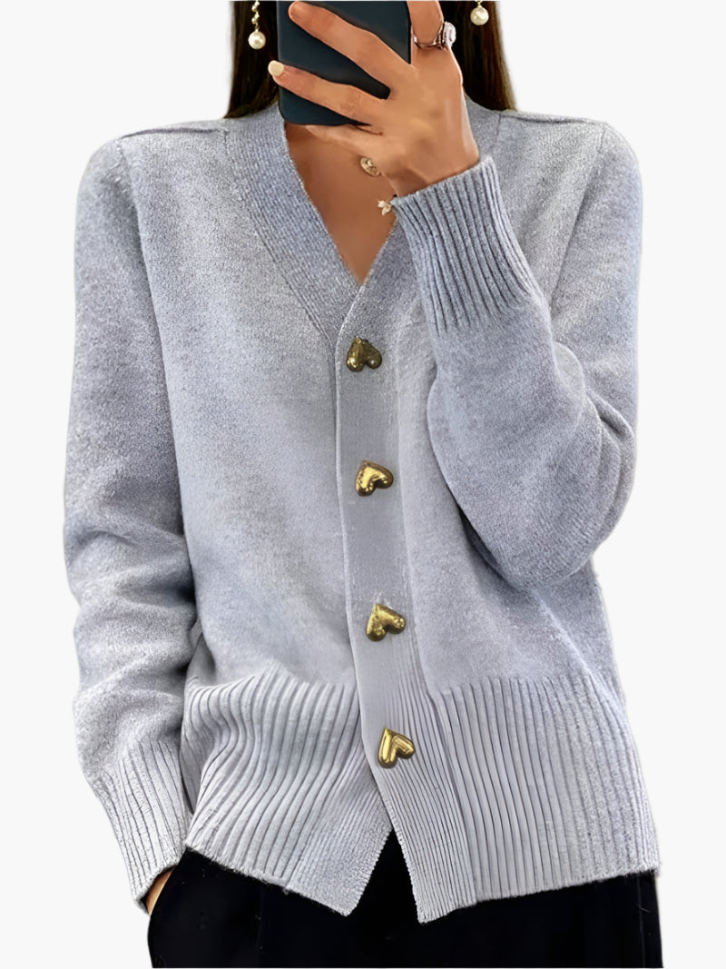 Women's Cardigan with Heart Buttons – Elegant V-Neck Knitwear for Everyday and Office