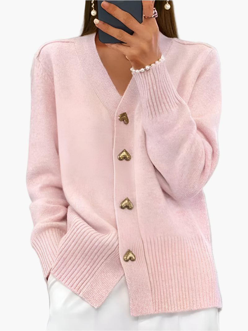 Women's Cardigan with Heart Buttons – Elegant V-Neck Knitwear for Everyday and Office