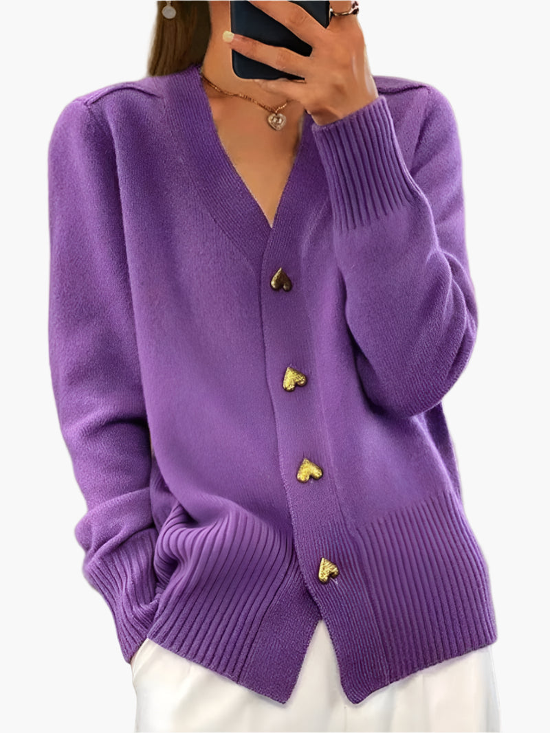 Women's Cardigan with Heart Buttons – Elegant V-Neck Knitwear for Everyday and Office