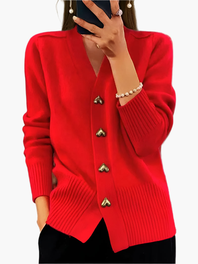 Women's Cardigan with Heart Buttons – Elegant V-Neck Knitwear for Everyday and Office