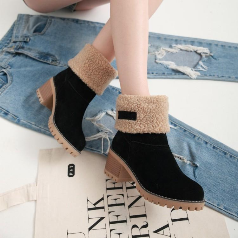Women's Winter Block Heel Ankle Boots with Fold-Over Cuff – Fashionable and Comfortable Cold Weather Footwear