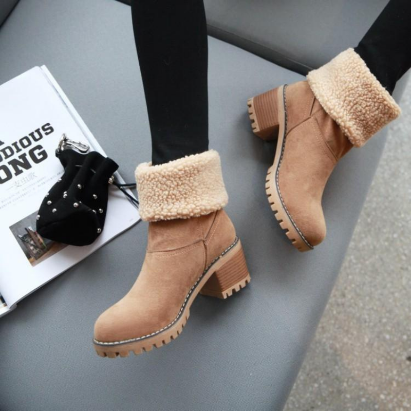 Women's Winter Block Heel Ankle Boots with Fold-Over Cuff – Fashionable and Comfortable Cold Weather Footwear