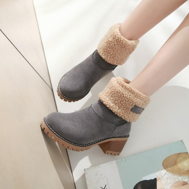 Women's Winter Block Heel Ankle Boots with Fold-Over Cuff – Fashionable and Comfortable Cold Weather Footwear