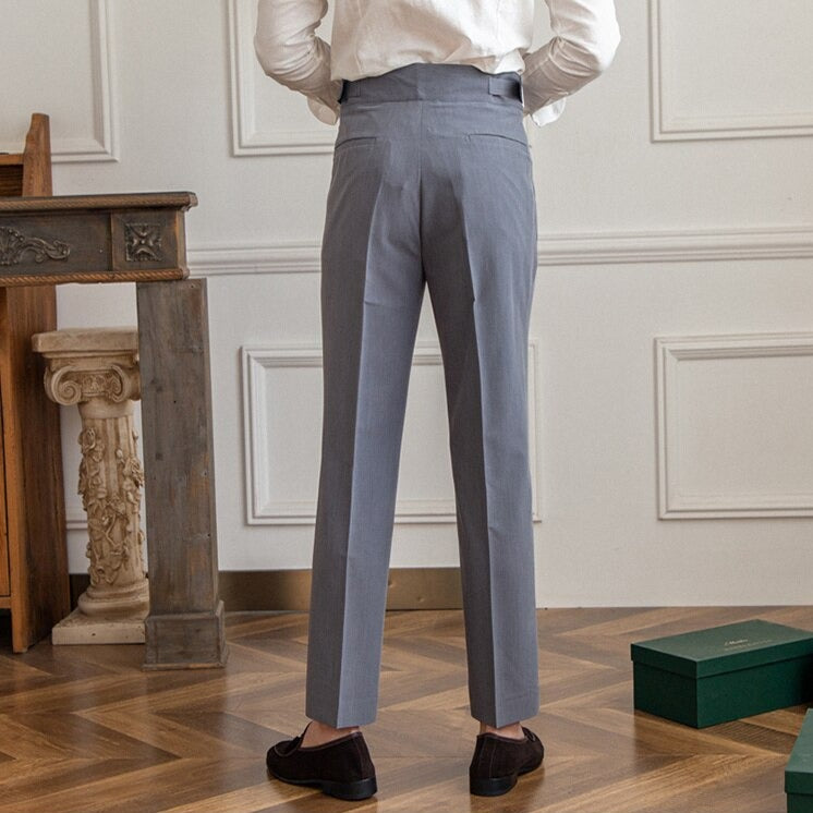 Men's High-Waisted Pleated Formal Trousers with Adjustable Side Buckle - Tailored Business and Occasion Pants