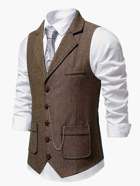 Men's Vintage Herringbone Suit Vest – Classic Formal Business Waistcoat